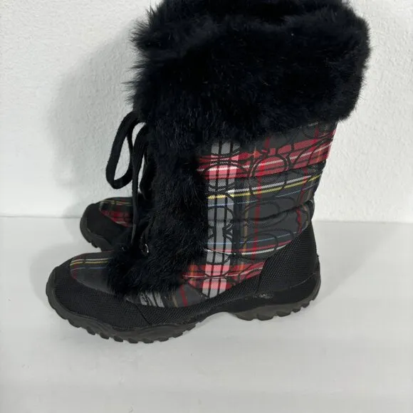 Coach Jennie Rabbit Fur Trim Lace Up Boots Red Plaid Size 6B 6