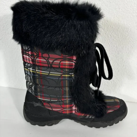 Coach Jennie Rabbit Fur Trim Lace Up Boots Red Plaid Size 6B 6