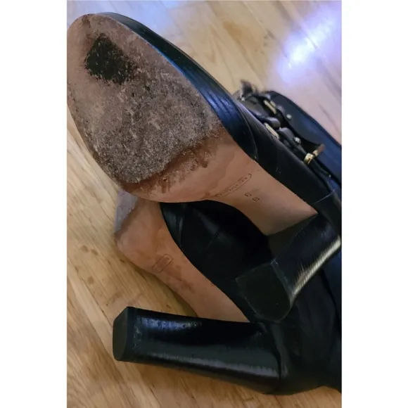 Coach Lianne Full Grain Leather Fur Trim Platform Black Heeled Boots Size 6