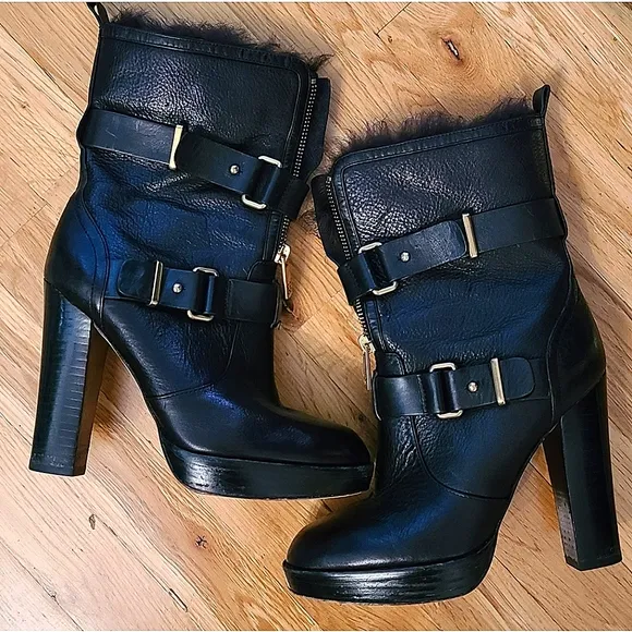 Coach Lianne Full Grain Leather Fur Trim Platform Black Heeled Boots Size 6