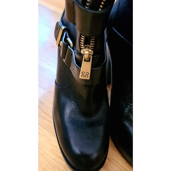 Coach Lianne Full Grain Leather Fur Trim Platform Black Heeled Boots Size 6
