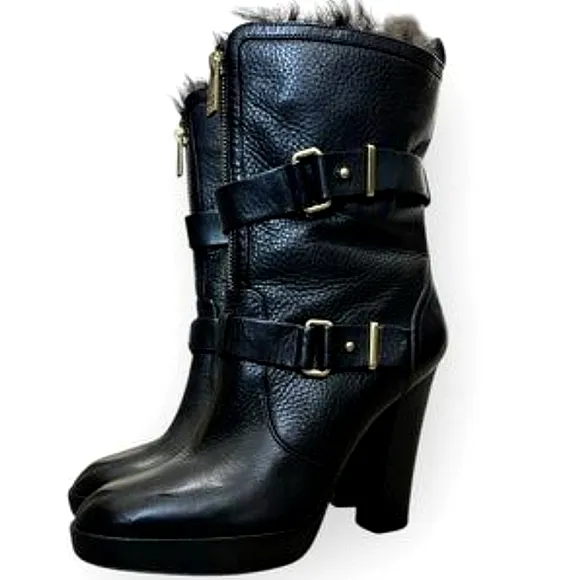 Coach Lianne Full Grain Leather Fur Trim Platform Black Heeled Boots Size 6