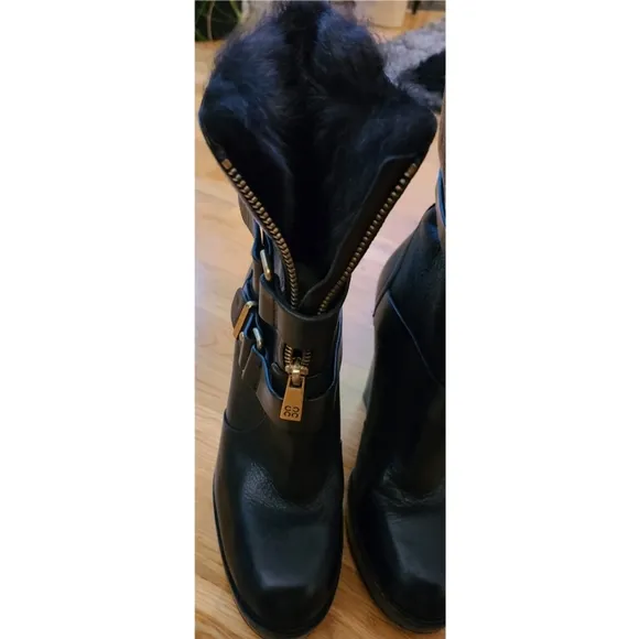 Coach Lianne Full Grain Leather Fur Trim Platform Black Heeled Boots Size 6