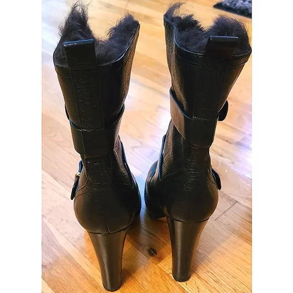 Coach Lianne Full Grain Leather Fur Trim Platform Black Heeled Boots Size 6