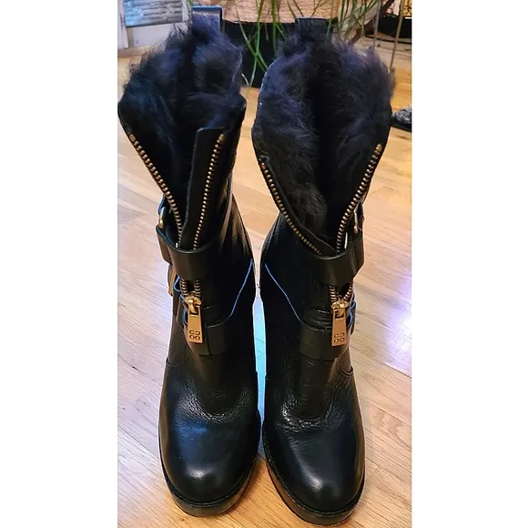 Coach Lianne Full Grain Leather Fur Trim Platform Black Heeled Boots Size 6