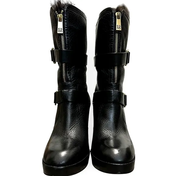 Coach Lianne Full Grain Leather Fur Trim Platform Black Heeled Boots Size 6