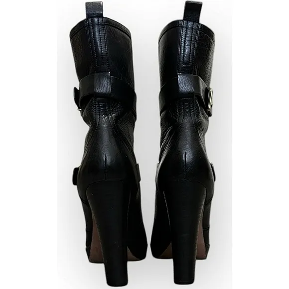 Coach Lianne Full Grain Leather Fur Trim Platform Black Heeled Boots Size 6