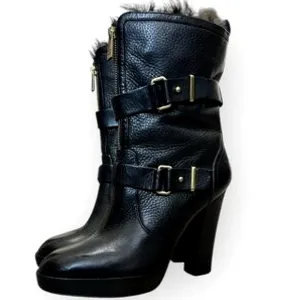 Coach Lianne Full Grain Leather Fur Trim Platform Black Heeled Boots Size 6