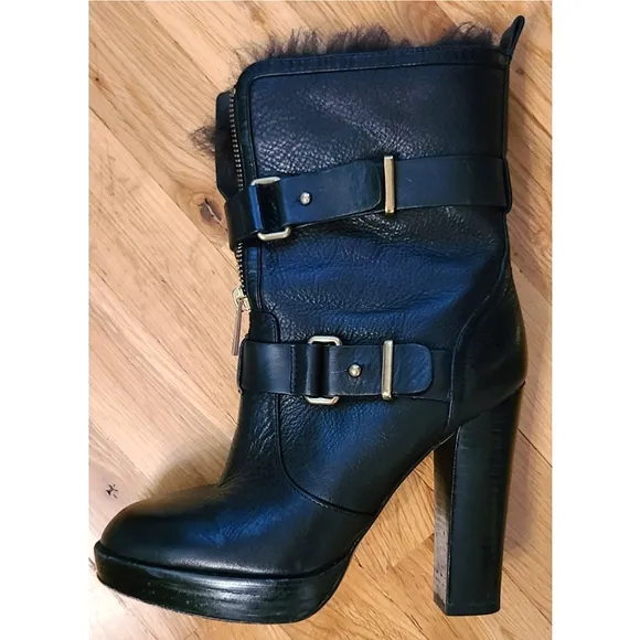 Coach Lianne Full Grain Leather Fur Trim Platform Black Heeled Boots Size 6