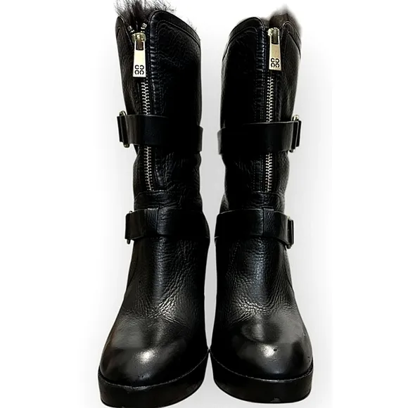 Coach Lianne Full Grain Leather Fur Trim Platform Black Heeled Boots Size 6