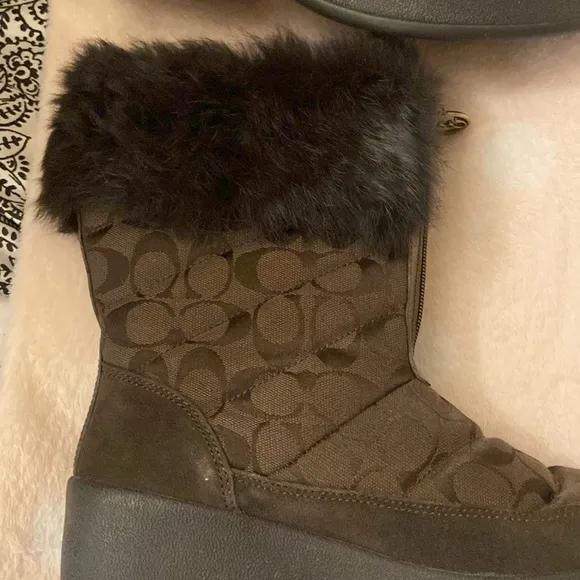 Coach monogram fur trim mid calf boots.