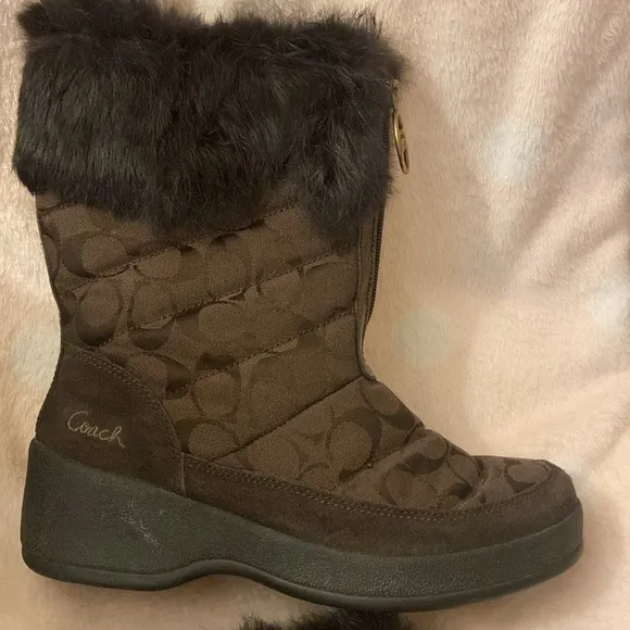 Coach monogram fur trim mid calf boots.