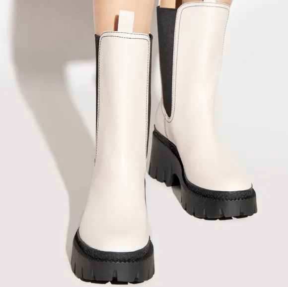 Coach Snow Leather Boots Stacked Lug Sole Mid High Moto Riding All Weather Boots