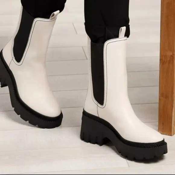 Coach Snow Leather Boots Stacked Lug Sole Mid High Moto Riding All Weather Boots