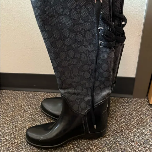 Coach Tristee Tall Rain Boots Lace Back Black Women 8