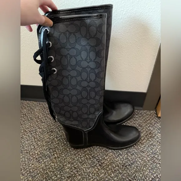 Coach Tristee Tall Rain Boots Lace Back Black Women 8