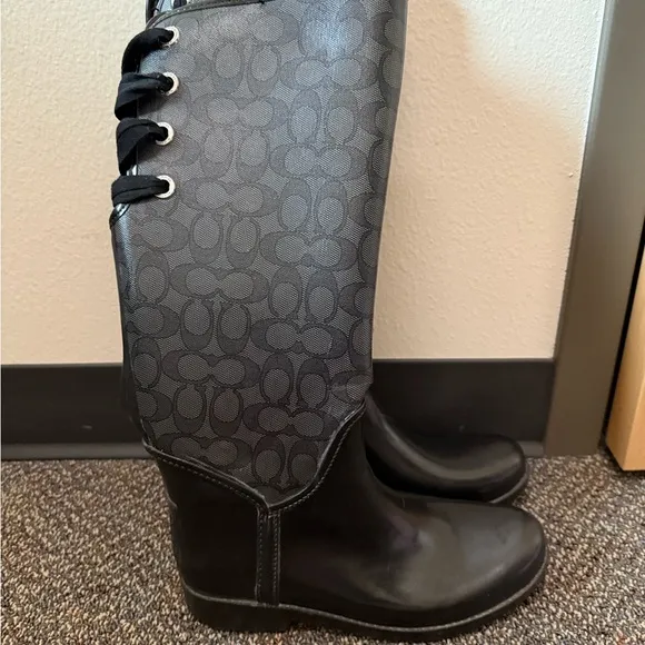 Coach Tristee Tall Rain Boots Lace Back Black Women 8