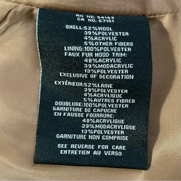 Cole Haan Signature Coat Neutral Tan Fur Trimmed Hood Full Zip Buckles Pockets