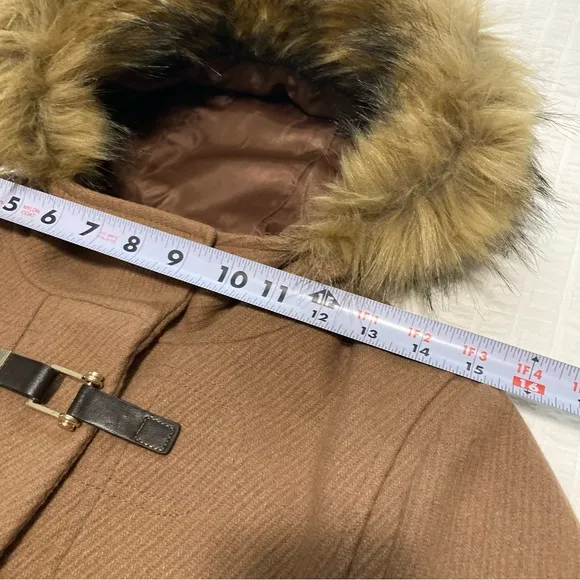 Cole Haan Signature Coat Neutral Tan Fur Trimmed Hood Full Zip Buckles Pockets