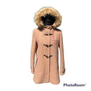 Cole Haan Signature Coat Neutral Tan Fur Trimmed Hood Full Zip Buckles Pockets