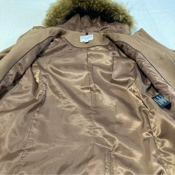 Cole Haan Signature Coat Neutral Tan Fur Trimmed Hood Full Zip Buckles Pockets