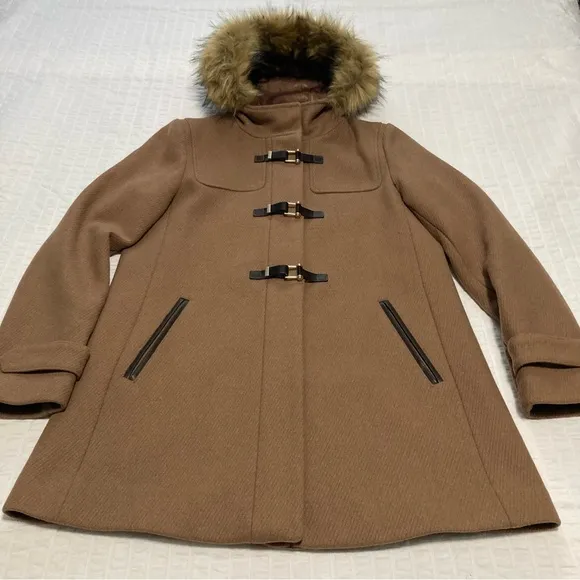 Cole Haan Signature Coat Neutral Tan Fur Trimmed Hood Full Zip Buckles Pockets