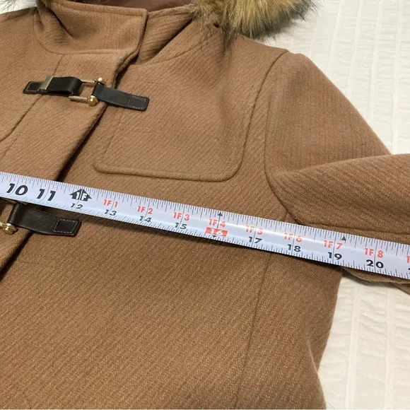 Cole Haan Signature Coat Neutral Tan Fur Trimmed Hood Full Zip Buckles Pockets