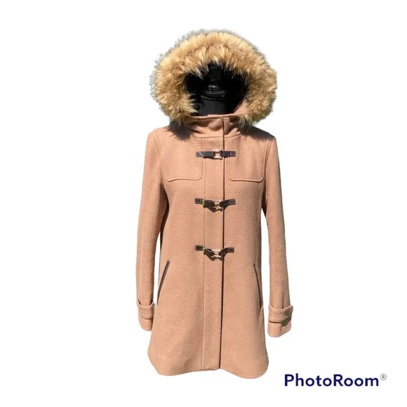 Cole Haan Signature Coat Neutral Tan Fur Trimmed Hood Full Zip Buckles Pockets