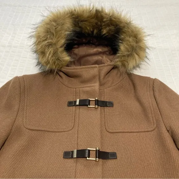 Cole Haan Signature Coat Neutral Tan Fur Trimmed Hood Full Zip Buckles Pockets