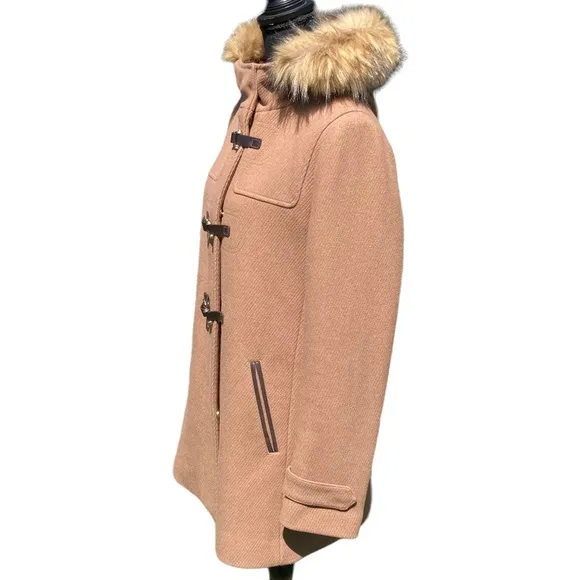 Cole Haan Signature Coat Neutral Tan Fur Trimmed Hood Full Zip Buckles Pockets