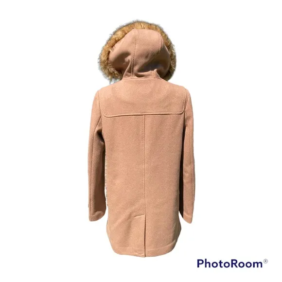 Cole Haan Signature Coat Neutral Tan Fur Trimmed Hood Full Zip Buckles Pockets