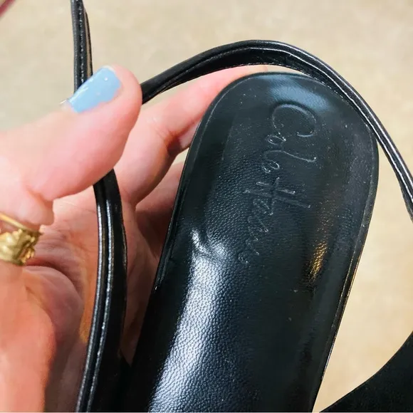 Cole Haan size 9 B black sling back shoes gold accents