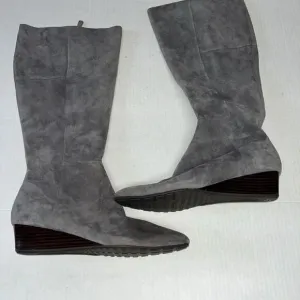 Cole Haan Tali Luxe Gray Suede Tall Wood Wedge Heel Boots Size 9 NWT