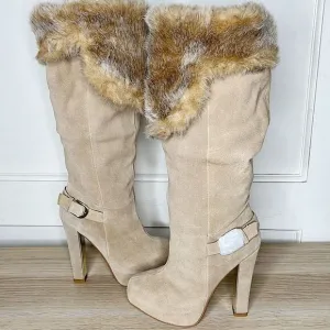 Colin Stuart Over The Knee Fur Suede Boots Heeled Tan Nwot Size 6.5B