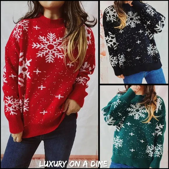 Color Contrast Snowflake Round Neck Long Sleeve Minimalist Winter Sweater Top
