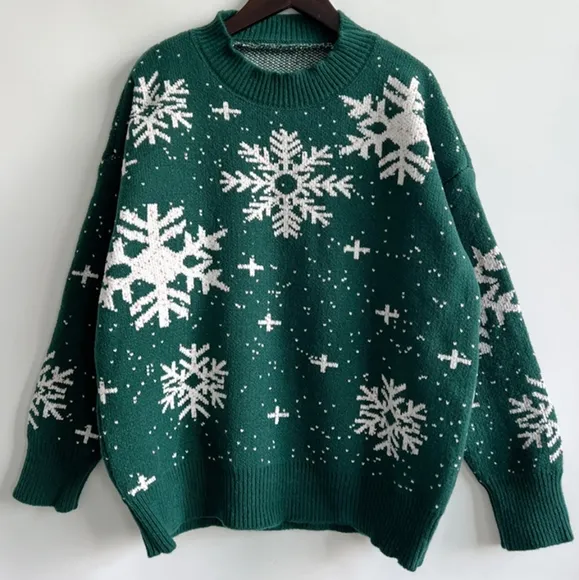 Color Contrast Snowflake Round Neck Long Sleeve Minimalist Winter Sweater Top