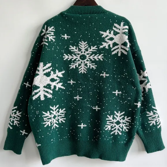 Color Contrast Snowflake Round Neck Long Sleeve Minimalist Winter Sweater Top