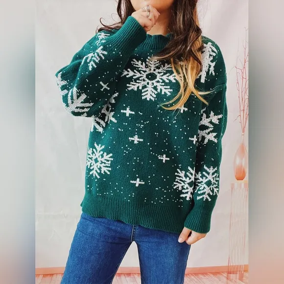 Color Contrast Snowflake Round Neck Long Sleeve Minimalist Winter Sweater Top