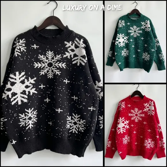 Color Contrast Snowflake Round Neck Long Sleeve Minimalist Winter Sweater Top