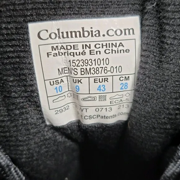 Columbia Bugaboot Plus II XTM Boots Mens Size 10 Black Gray Omni-Heat 200 Gram