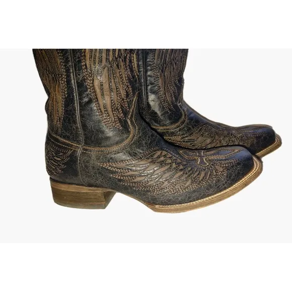 Corral A1978 Men Size 10.5D Distressed Black Leather Wings Cross Sq. Toe Boots