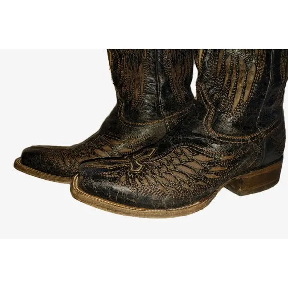 Corral A1978 Men Size 10.5D Distressed Black Leather Wings Cross Sq. Toe Boots