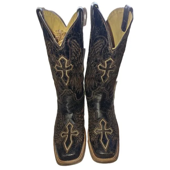 Corral A1978 Men Size 10.5D Distressed Black Leather Wings Cross Sq. Toe Boots