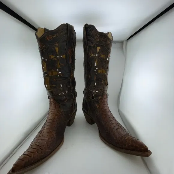 Corral Musgo Python Snake Skin Leather Studded Cross Point Toe Boots Women 10M​