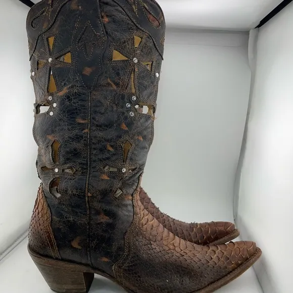 Corral Musgo Python Snake Skin Leather Studded Cross Point Toe Boots Women 10M​