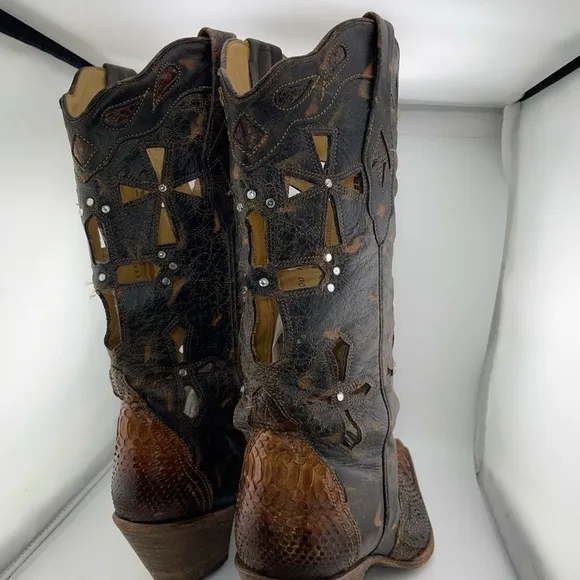 Corral Musgo Python Snake Skin Leather Studded Cross Point Toe Boots Women 10M​
