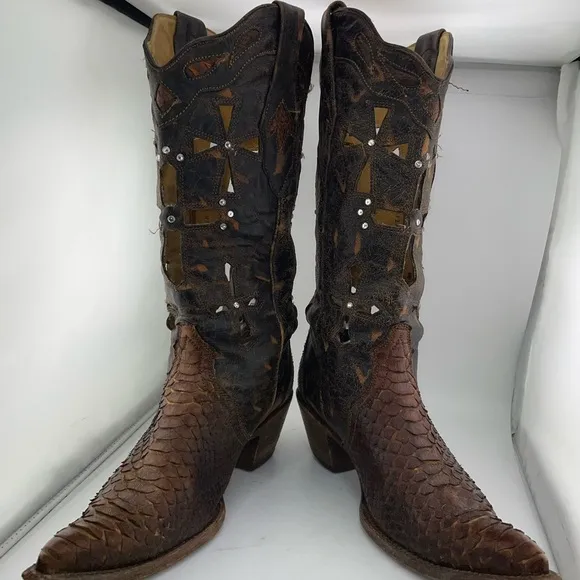 Corral Musgo Python Snake Skin Leather Studded Cross Point Toe Boots Women 10M​