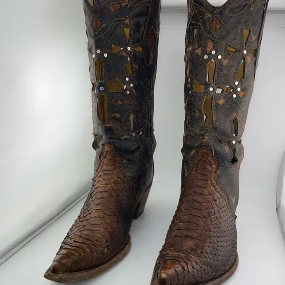 Corral Musgo Python Snake Skin Leather Studded Cross Point Toe Boots Women 10M​