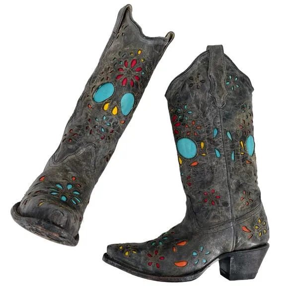 Corral Sugar Skull Cowboy Western Boot Dark Gray Distressed Leather R2475 Size 6