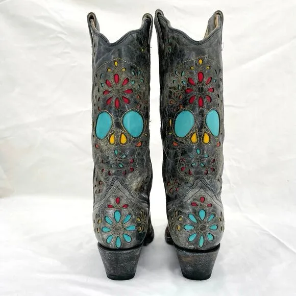 Corral Sugar Skull Cowboy Western Boot Dark Gray Distressed Leather R2475 Size 6